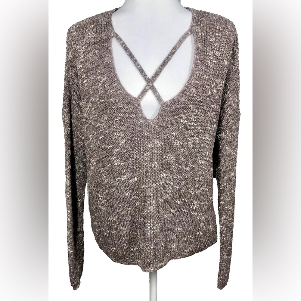 Express Neutral V-Neck Sweater with Cross Neck